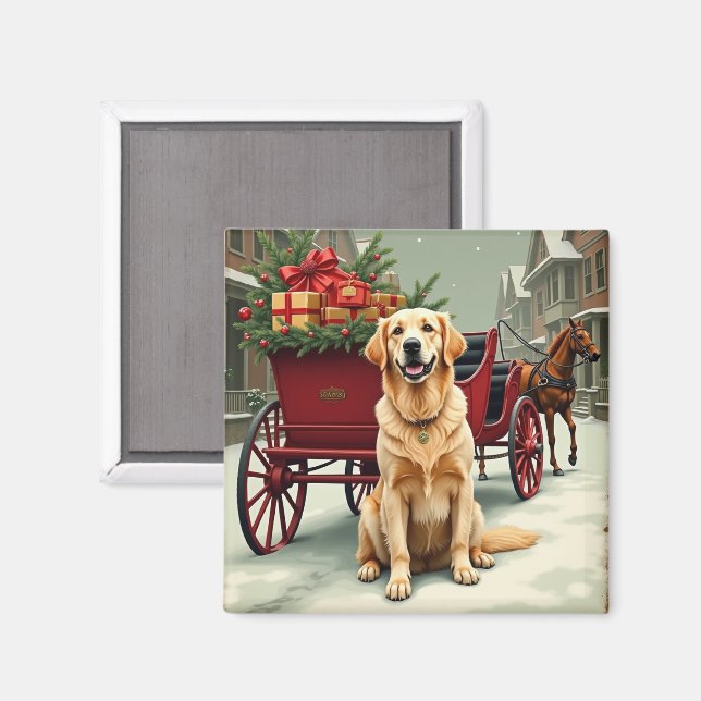 Imã Vintage Golden Retriever Christmas Carriage Illust (Front/Back)