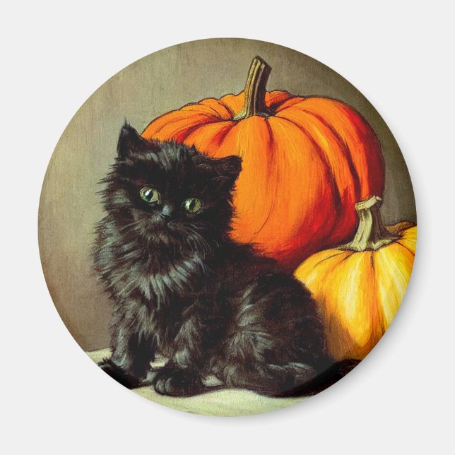 Imã Vintage Halloween Black Cat e Pumpkins (Frente)