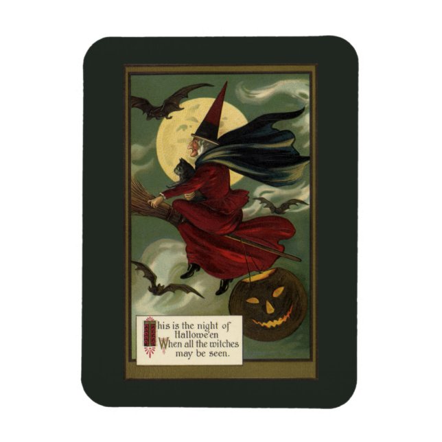 Ímã Vintage Halloween Bruxa Andando Broomstick com Cat (Vertical)
