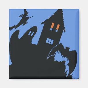 Imã Vintage Halloween, Casa Assustada e Bruxa