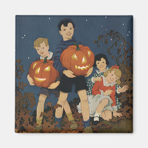 Imã Vintage Halloween, Crianças segurando Pumpkins