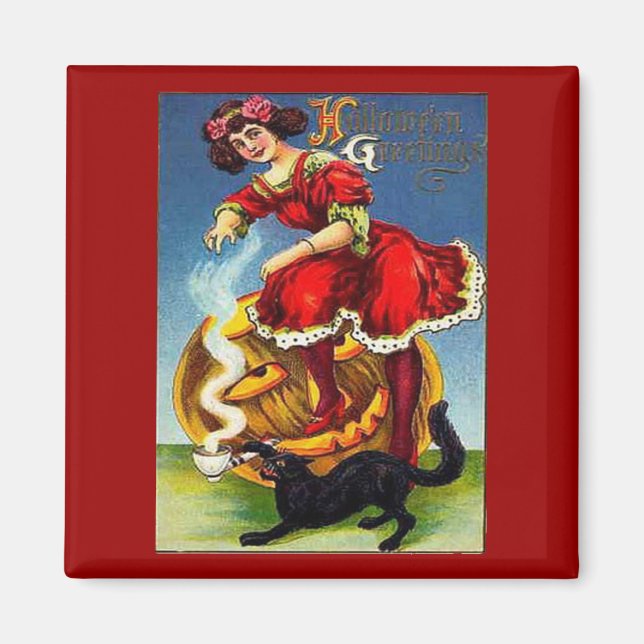 Imã Vintage Halloween Lady em Vermelho (Frente)