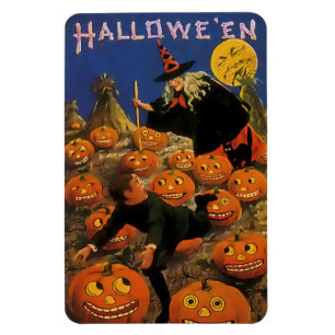 Ímã Vintage Halloween Magnet com Witch & Pumpkins