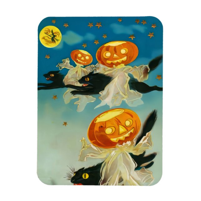 Ímã Vintage Halloween Pumpkin Fantasmas e Gatos Negros (Vertical)