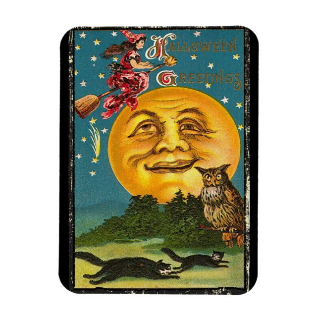 Ímã Vintage Halloween Saudações Bruxa Voando à Vassour (Vertical)