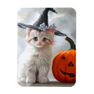 Ímã Vintage Halloween White Kitten e Jack-o-lantern