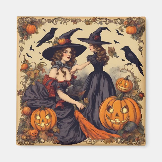 Imã Vintage Halloween Witches e Jack-O-Lanterna (Frente)