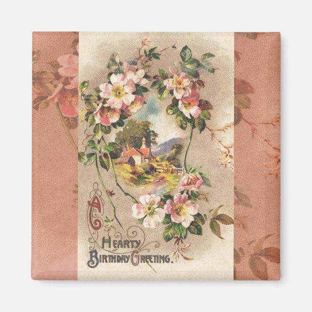 Imã Vintage Happy Birthday Card Trabalho de arte (Frente)