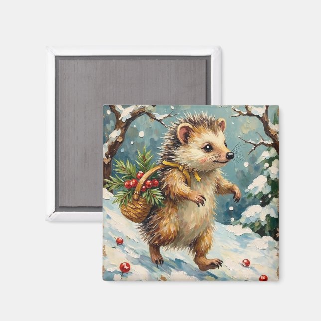Imã Vintage Hedgehog with Christmas Berry Basket (Front/Back)