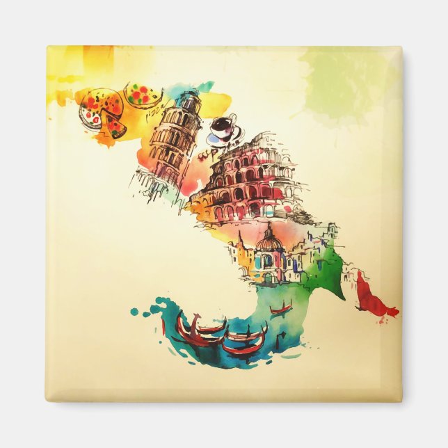 Imã Vintage Itália Map City Viagem Love Watercolor (Frente)