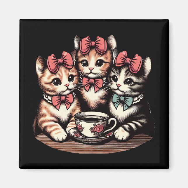 Imã Vintage Kittens Tea Party (Frente)