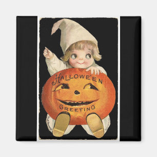 Imã Vintage Little Girl com Big Halloween Pumpkin