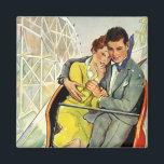 Imã Vintage Love and Romance, Roller Porta copos Ride<br><div class="desc">Imagem de romance e amor com ilustração de safra apresentando um casal jovem montando uma porta copos de rolo em um parque de diversões local. O homem tem o braço enrolado pela mulher para mantê-la segura.</div>