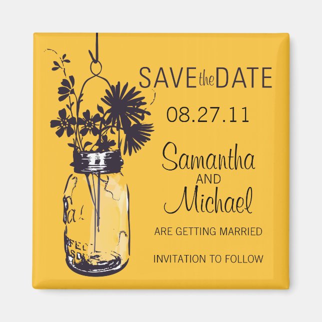 Imã Vintage Mason Jar & Wild FlowersSalve a data (Frente)