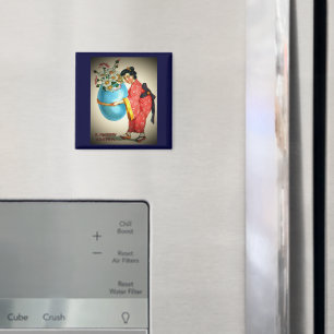 Imã Vintage - Mulher Japonesa, Vaso de Ovo com Flores,