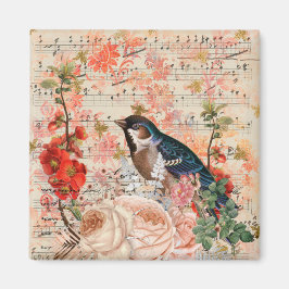 Imã Vintage Orange Floral Bird Musical Ephemera