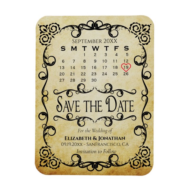 Ímã Vintage Parerging Wedding Salvar o Calendário de D (Vertical)