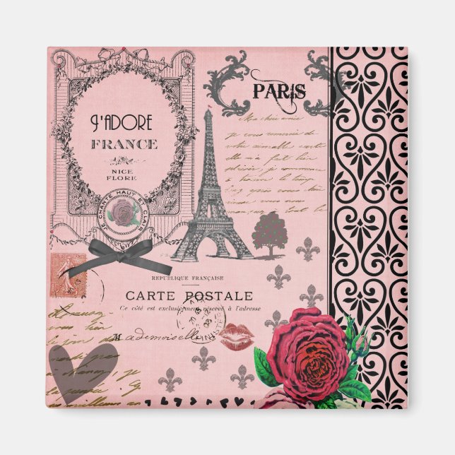 Imã Vintage Pink Paris Collage (Frente)