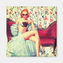 Imã Vintage prende garota retrô-cabeça-vermelha-do-sul