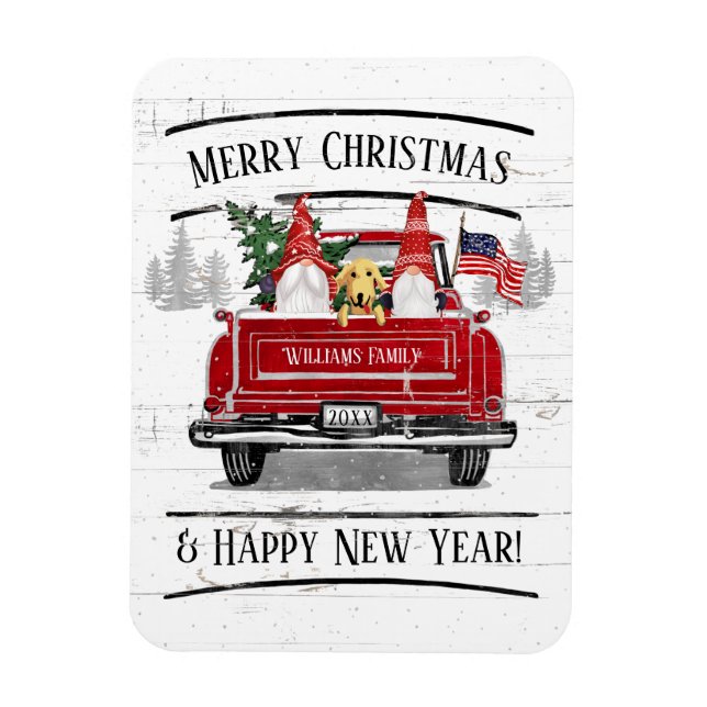 Ímã Vintage Red Truck Gnomos Cão Patriótico Natal (Vertical)