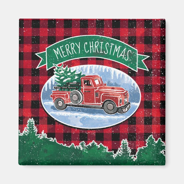 Imã Vintage Red Truck Xadrez Buffalo Feliz Natal (Frente)