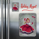 Ímã Vintage Retro 1950 Girl in Snow Christmas<br><div class="desc">Um belo ímã de natal do século médio que mostra uma ilustração antiga de uma menina fofa vestindo um belo casaco vermelho aparado com pele branca na neve para um casal de pássaros vermelhos aninhados em um galho. Faz um presente de excelente ou estocador!</div>