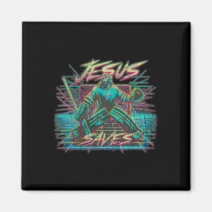 Imã Vintage Retro Vaporwave Jesus Salva Hóquei no Gelo