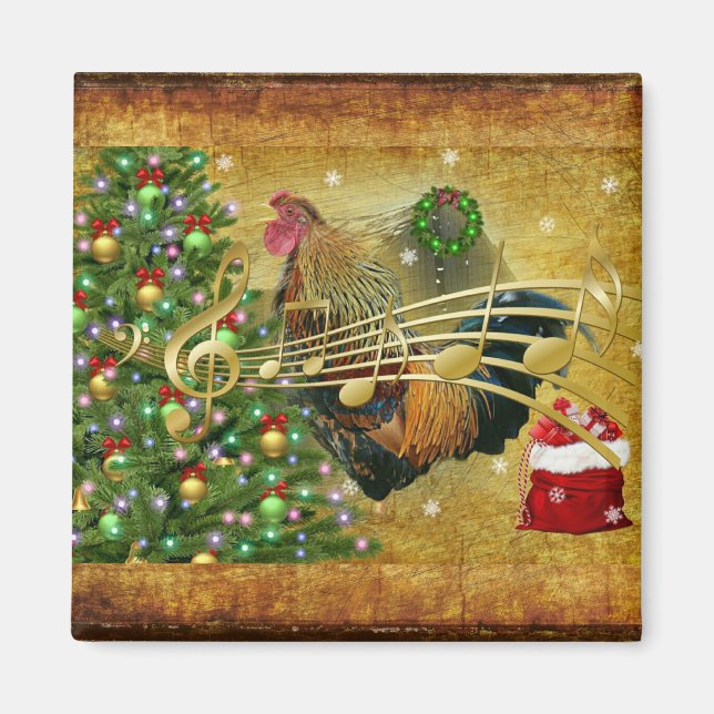Imã Vintage Rooster Cantando Caróis de Natal (Frente)