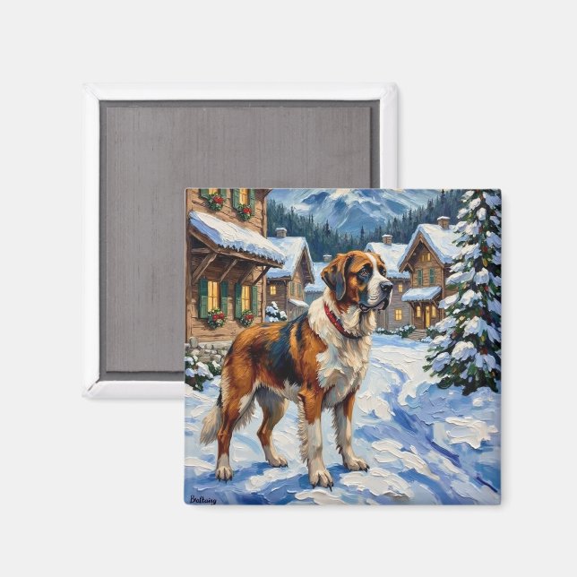Imã Vintage Saint Bernard Alpine Christmas Painting (Front/Back)