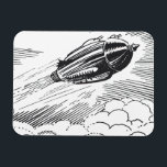 Ímã Vintage Science Ficeship Rocket in Clouds<br><div class="desc">Ilustração da Vintage: imagem do transporte vitoriano de ficção científica em preto e branco. Uma nave espacial voando pelas nuvens no céu. Um clássico design de ficção científica de quadrinhos retrógrados do 50 do futuro.</div>