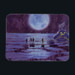 Ímã Vintage Science Ficting Earth Rover Aliens na Lua<br><div class="desc">Ilustração vintage de aliens futuristas e robôs de ficção científica apresentando um clássico design de quadrinhos de 50. Design de ficção científica retrô com astronautas alienígenas em um planeta estrangeiro com veículo espacial, lunar ou lua e olhando para a Terra e o espaço exterior e acenando. Um céu escuro com...</div>