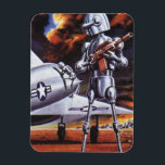 Ímã Vintage Science Ficting Soldados Robôs Militares<br><div class="desc">Imagem de robô militar com Ficção Científica futurista Vintage. Um soldado alienígena hostil segurando uma espingarda e em frente a uma aeronave ou avião militar com uma estrela. Ele está num planeta desolado pronto para entrar em guerra com fumaça, fogo e explosões. Hora de lutar e lutar contra os aliens...</div>