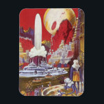 Ímã Vintage Science Fiction, a Cidade Perdida de Atlan<br><div class="desc">Vintage ilustration science fiction image apresenta mulheres alienígenas olhando para uma cidade futurista com uma fonte de água no centro, aliens com lagartos para animais de estimação, arquitetura grega ou romana e uma lua enorme ao fundo. Pode ser a cidade perdida de Atlantis! Uma cena de ficção científica retrógrada do...</div>