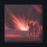 Imã Vintage Science Fiction Alienígena Red Planet Expl<br><div class="desc">Imagem de Vintage,  ilustração futurista Science Fiction com astronautas alienígenas amigáveis acenando. Eles estão em um planeta ou lua vermelho com bolas de fogo explosivas que se parecem com fogos de artifício. Um clássico design de quadrinhos retrô 50 de ficção científica.</div>