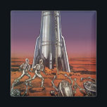 Imã Vintage Science Fiction, Astronautas Beetle Aliens<br><div class="desc">Imagem de vintage: viagem de ficção científica futurista e imagem de foguete de transporte. Astronautas correndo até seu foguete escapando de aliens em forma de besouro em um planeta estrangeiro tentando voltar para a terra. Um clássico design de ficção científica de quadrinhos retrógrados do 50 do futuro.</div>