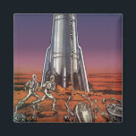 Imã Vintage Science Fiction, Astronautas Beetle Aliens<br><div class="desc">Imagem de vintage: viagem de ficção científica futurista e imagem de foguete de transporte. Astronautas correndo até seu foguete escapando de aliens em forma de besouro em um planeta estrangeiro tentando voltar para a terra. Um clássico design de ficção científica de quadrinhos retrógrados do 50 do futuro.</div>