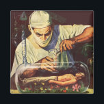 Imã Vintage Science Fiction, Laboratory Mad Scientist<br><div class="desc">Vintage ilustra imagem futurista do laboratório de Ficção Científica com um cientista louco experimentando um ser humano em miniatura. O cientista maluco está misturando uma poção de elixir para despertar o robô macho adormecido em seu laboratório. Um clássico design de quadrinhos retrô de ficção científica.</div>