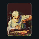 Ímã Vintage Science Fiction, Laboratory Mad Scientist<br><div class="desc">Vintage ilustra imagem futurista do laboratório de Ficção Científica com um cientista louco experimentando um ser humano em miniatura. O cientista maluco está misturando uma poção de elixir para despertar o robô macho adormecido em seu laboratório. Um clássico design de quadrinhos retrô de ficção científica.</div>