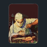 Ímã Vintage Science Fiction, Laboratory Mad Scientist<br><div class="desc">Vintage ilustra imagem futurista do laboratório de Ficção Científica com um cientista louco experimentando um ser humano em miniatura. O cientista maluco está misturando uma poção de elixir para despertar o robô macho adormecido em seu laboratório. Um clássico design de quadrinhos retrô de ficção científica.</div>