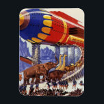 Ímã Vintage Science Fiction, Noah's Ark Wild<br><div class="desc">Vintage ilustration science fiction futurística viagem e transporte imagem de história de bíblia religiosa. Uma espaçonave moderna do Arco de Noé com pares de animais selvagens (elefantes, girafas, leões, aves etc.) caminhando sobre conselhos e soldados guardando as pessoas de volta. Um clássico design de ficção científica de quadrinhos retrógrados do...</div>