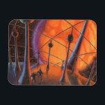 Ímã Vintage Science Fiction, Orange Sun e Aliens<br><div class="desc">Ilustração vintage: planetas futuristas de ficção científica e imagem espacial. Um clássico design de quadrinhos retrô de ficção científica apresentando astronautas alienígenas em um planeta com torres comunicações ou elétricas e um enorme sol laranja brilhando.</div>