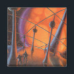 Imã Vintage Science Fiction, Orange Sun e Aliens<br><div class="desc">Ilustração vintage: planetas futuristas de ficção científica e imagem espacial. Um clássico design de quadrinhos retrô de ficção científica apresentando astronautas alienígenas em um planeta com torres comunicações ou elétricas e um enorme sol laranja brilhando.</div>