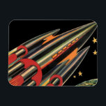 Ímã Vintage Science Fiction Roket Ship by Space Stars<br><div class="desc">Ilustração de safra futurista e imagem de ficção científica de planetas. Um clássico design de ficção científica em quadrinhos retrô,  do futuro,  com um viagem e um foguete de transporte viajando pelo espaço através das estrelas e da lua no caminho de volta à Terra.</div>