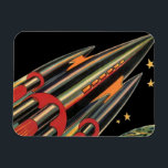 Ímã Vintage Science Fiction Roket Ship by Space Stars<br><div class="desc">Ilustração de safra futurista e imagem de ficção científica de planetas. Um clássico design de ficção científica em quadrinhos retrô,  do futuro,  com um viagem e um foguete de transporte viajando pelo espaço através das estrelas e da lua no caminho de volta à Terra.</div>