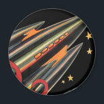 Imã Vintage Science Fiction Roket Ship by Space Stars<br><div class="desc">Ilustração de safra futurista e imagem de ficção científica de planetas. Um clássico design de ficção científica em quadrinhos retrô,  do futuro,  com um viagem e um foguete de transporte viajando pelo espaço através das estrelas e da lua no caminho de volta à Terra.</div>