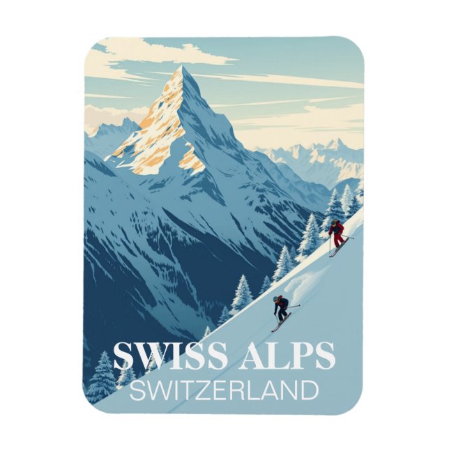 Ímã Vintage Skiers Swiss Alps Suiça (Vertical)