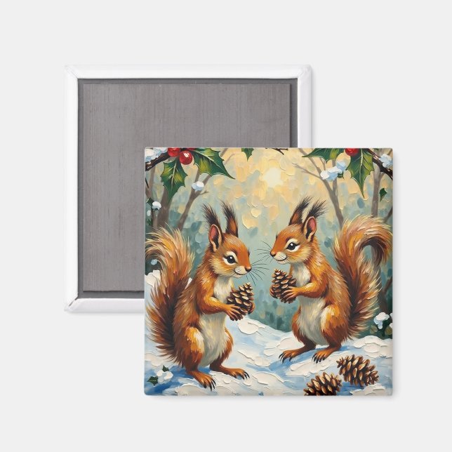 Imã Vintage Squirrels Gathering Pinecones Christmas (Front/Back)