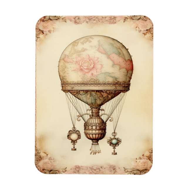 Ímã Vintage Steampunk Floral Hot Air Balloon (Vertical)