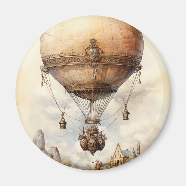 Imã Vintage Steampunk Hot Air Balloon (Frente)