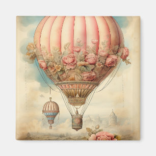 Imã Vintage Steampunk Pink Floral Hot Air Balloon